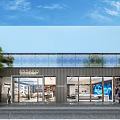 Modern Shopping Mall Store Exterior With Large Glass Windows Green Trees And People Walking By