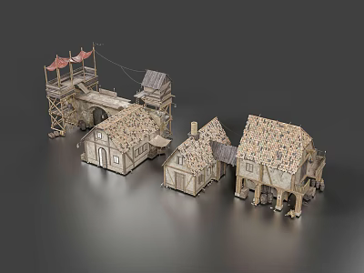 Rustic Guesthouse Buildings with Multiple Small Houses Stone Tiled Roofs Wooden Structures and Watchtower 3d model