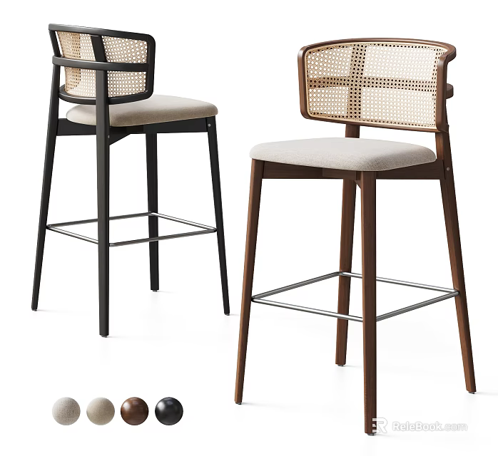 Modern Rattan Back Bar Stools With Upholstered Seat Solid Wood Frame For Home Bar Use 3d model 