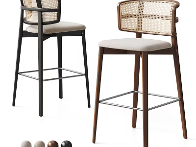 Modern Rattan Back Bar Stools With Upholstered Seat Solid Wood Frame For Home Bar Use 3d model
