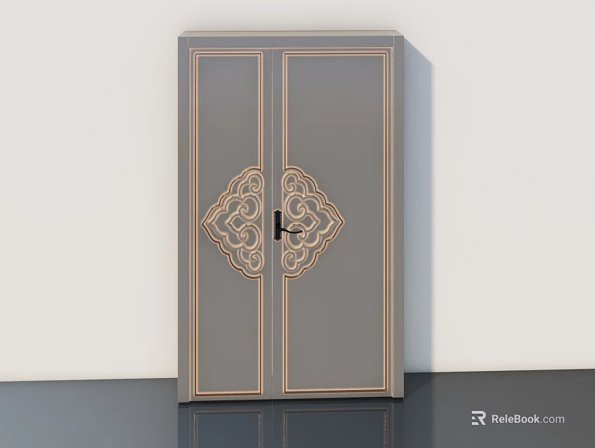 Elegant Gray Double Door Featuring Traditional Golden Pattern And Black Handle 3d model