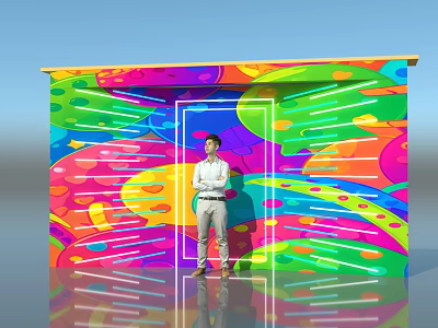 Vibrant Photo Check in Spot Featuring Colorful Archway Patterns Standing Figure Reflective Floor Blue Sky 3d model