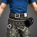A Stylish Man Wearing Blue T shirt Camouflage Pants Black Boots With Waist Pack And Wristbands