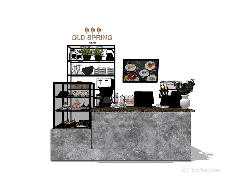 Functional Café Desk with Marble Countertop Display Shelves Coffee Machine Menu Screen and Decorative Vase 3d model 
