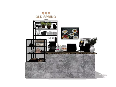 Functional Café Desk with Marble Countertop Display Shelves Coffee Machine Menu Screen and Decorative Vase 3d model
