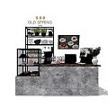 Functional Café Desk with Marble Countertop Display Shelves Coffee Machine Menu Screen and Decorative Vase