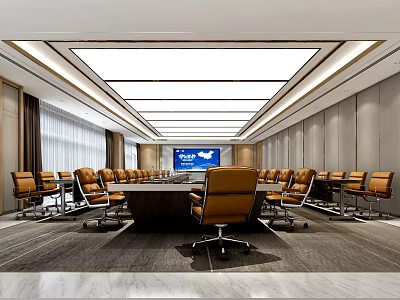 Spacious Modern Conference Room With Long Table Brown Leather Chairs And Large Screen 3d model