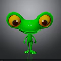 Green Frog Cartoon Character With Big Yellow Eyes On Gray Background