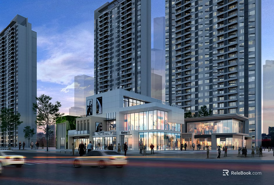 Modern Commercial Street With Glass Facades High Rise Buildings And Evening Pedestrians 3d model 