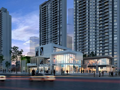 Modern Commercial Street With Glass Facades High Rise Buildings And Evening Pedestrians 3d model