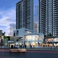 Modern Commercial Street With Glass Facades High Rise Buildings And Evening Pedestrians