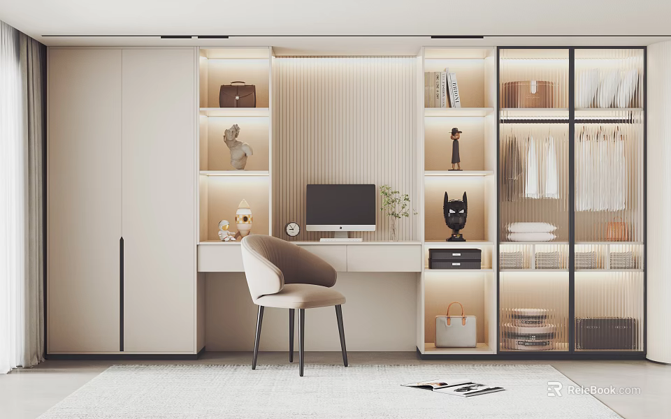 Modern Home Office Interior Desk with Computer Chair Bookshelves Decorations and Storage Cabinets 3d model 