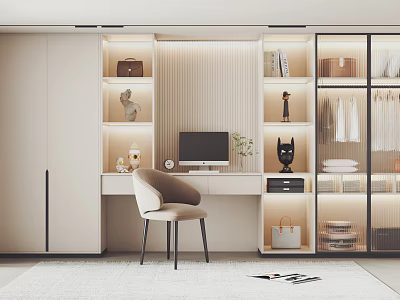 Modern Home Office Interior Desk with Computer Chair Bookshelves Decorations and Storage Cabinets 3d model