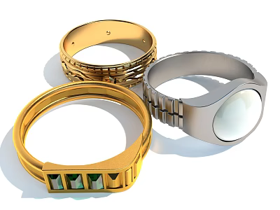 Elegant Gold Silver Jewelry Collection With Green Gemstones And Chain Design 3d model