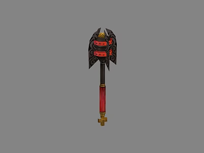 Ornate Fantasy Weapon With Black Head Red Accents Golden Details Red Handle And Base 3d model