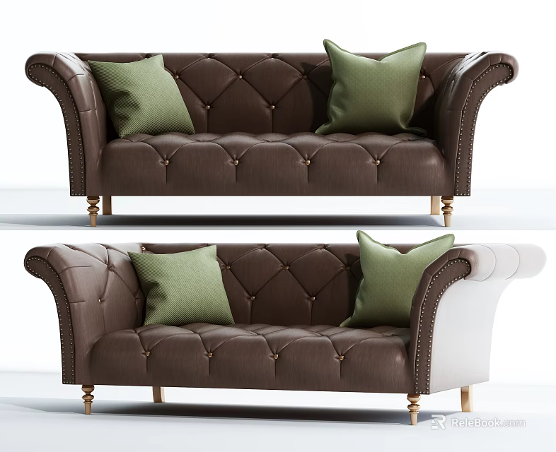 Elegant Two Seater Leather Sofa With Tufted Design Gold Legs And Green Cushions 3d model 