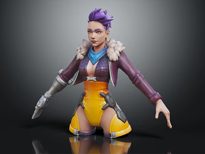 3D Fantasy Character With Purple Hair Fur Collar Metal Arm Guards And Outstretched Pose 3d model