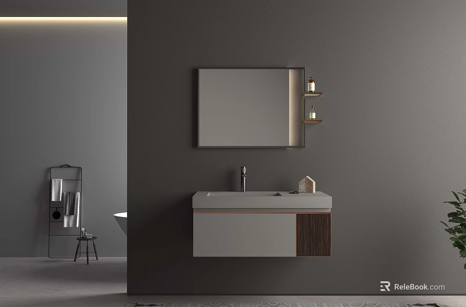 Modern Wall Mounted Bathroom Vanity With Ceramic Countertop Wooden Cabinet And Mirror 3d model 