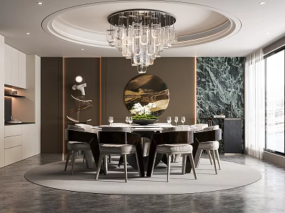 Modern Restaurant Interior With Round Dining Table Crystal Chandelier And Marble Decor 3d model