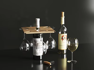 Wooden Wine Rack With Wine Bottles Hanging Wine Glasses And Corkscrew On Dark Table 3d model