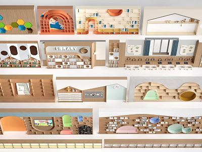 Colorful Children's Indoor Play Space With Wooden Structures And Play Areas 3d model