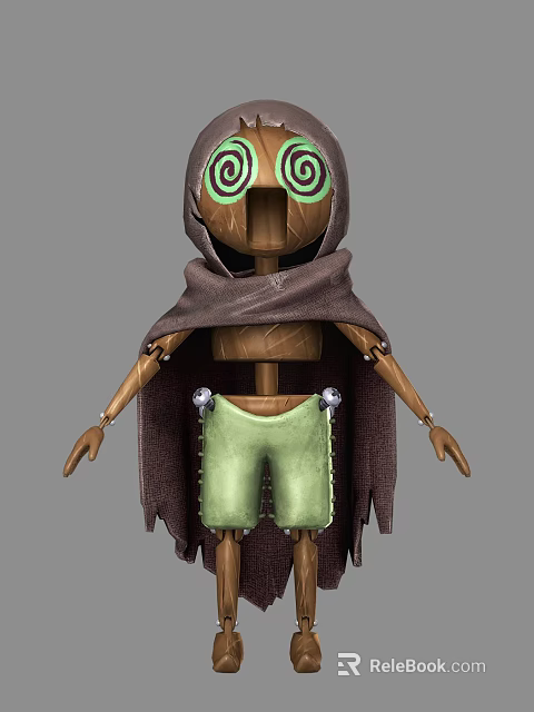 Handmade Wooden Doll With Green Spiral Eyes Brown Cloak And Stitched Green Shorts 3d model 