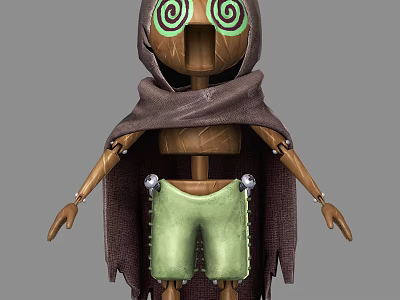 Handmade Wooden Doll With Green Spiral Eyes Brown Cloak And Stitched Green Shorts 3d model