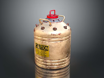 Metal Container With Red Lid Yellow Caution Label Bolts And Rusty Surface On Smooth Surface 3d model