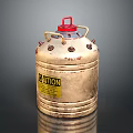 Metal Container With Red Lid Yellow Caution Label Bolts And Rusty Surface On Smooth Surface