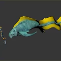 3D Mythical Creature With Blue Green Yellow Long Tail And Shiny Surface Reflection