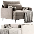 Modern Beige Fabric Single Sofa With Round Pillows Fringed Throw Blanket And Black Metal Legs