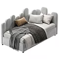 Cozy Gray Kids Bed With Soft Upholstery Scalloped Headboard And Plush Pillows