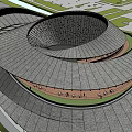 Modern Sales Office Building With Sleek Curved Roof And Waterfront Green Landscape