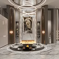 Modern Luxury Living Room Interior With Circular Sofa Fireplace And Metal Chandelier Sculpture Decor