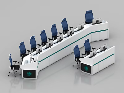 Control Room Setup Featuring White Console Desks Blue Ergonomic Chairs And Multiple Workstations 3d model