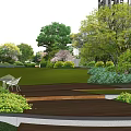 Garden Landscape Design With Wooden Pathway Lush Greenery Trees And Lawn Area