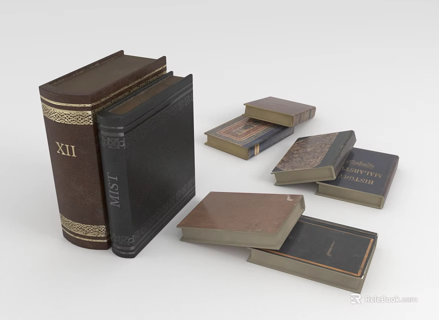 Vintage Leather Bound Books Collection With Stacked And Flat Brown Black Covers And Gold Accents 3d model 