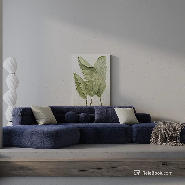 Navy Blue Three Seater Sofa With Beige Cushions Gray Throw And Green Leaf Wall Art 3d model 