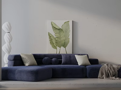 Navy Blue Three Seater Sofa With Beige Cushions Gray Throw And Green Leaf Wall Art 3d model