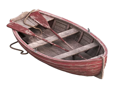 Vintage Red Wooden Boat With Rustic Oars And Rope Details 3d model