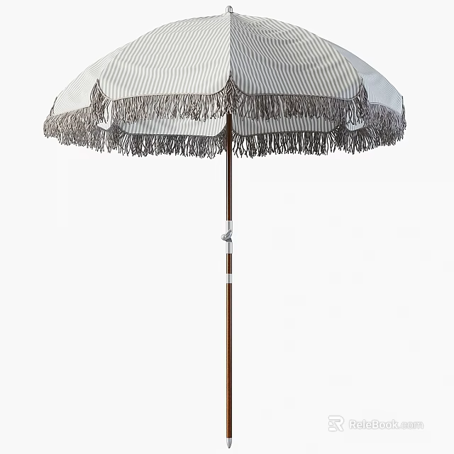 Outdoor Sunshade Umbrella With Striped Canopy Fringed Edges And Wooden Pole 3d model 