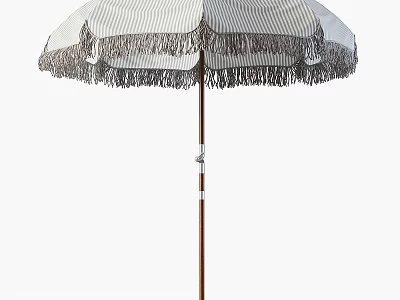 Outdoor Sunshade Umbrella With Striped Canopy Fringed Edges And Wooden Pole 3d model