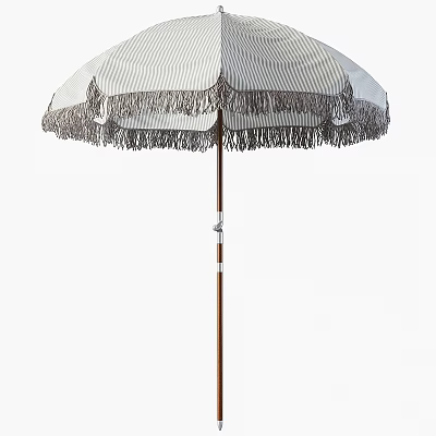 Outdoor Sunshade Umbrella With Striped Canopy Fringed Edges And Wooden Pole 3d model