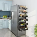 Kitchen Refrigerator Side Pantry Rack With Tiered Shelves Holding Spice Jars And Organized Storage