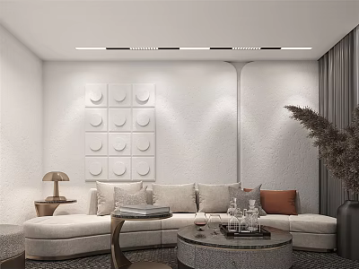 White Sectional Sofa with Multiple Cushions Round Coffee Table and Wall Decor in Modern Living Room with Soft Lighting 3d model