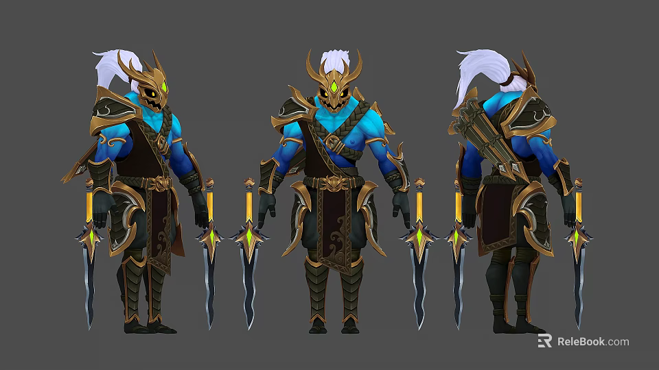 Mythical Animal Character Featuring Blue Skin Golden Horns Armor And Weapons Three Angles 3d model 
