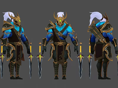 Mythical Animal Character Featuring Blue Skin Golden Horns Armor And Weapons Three Angles 3d model