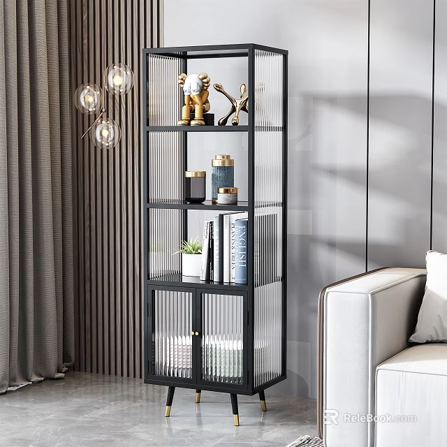 Modern Living Room Metal Frame Glass Shelving Unit With Decorative Sculptures Books And Potted Plant 3d model 