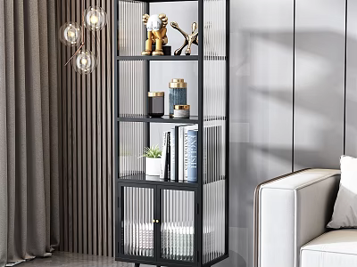 Modern Living Room Metal Frame Glass Shelving Unit With Decorative Sculptures Books And Potted Plant 3d model