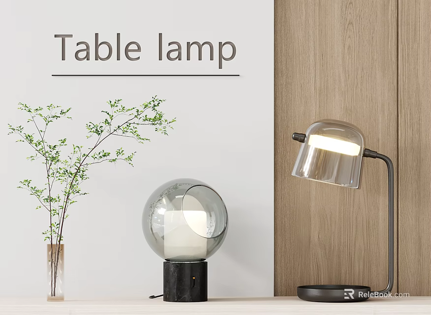 Modern Table Lamps With Glass Shades And Green Plant On Wooden Table 3d model 
